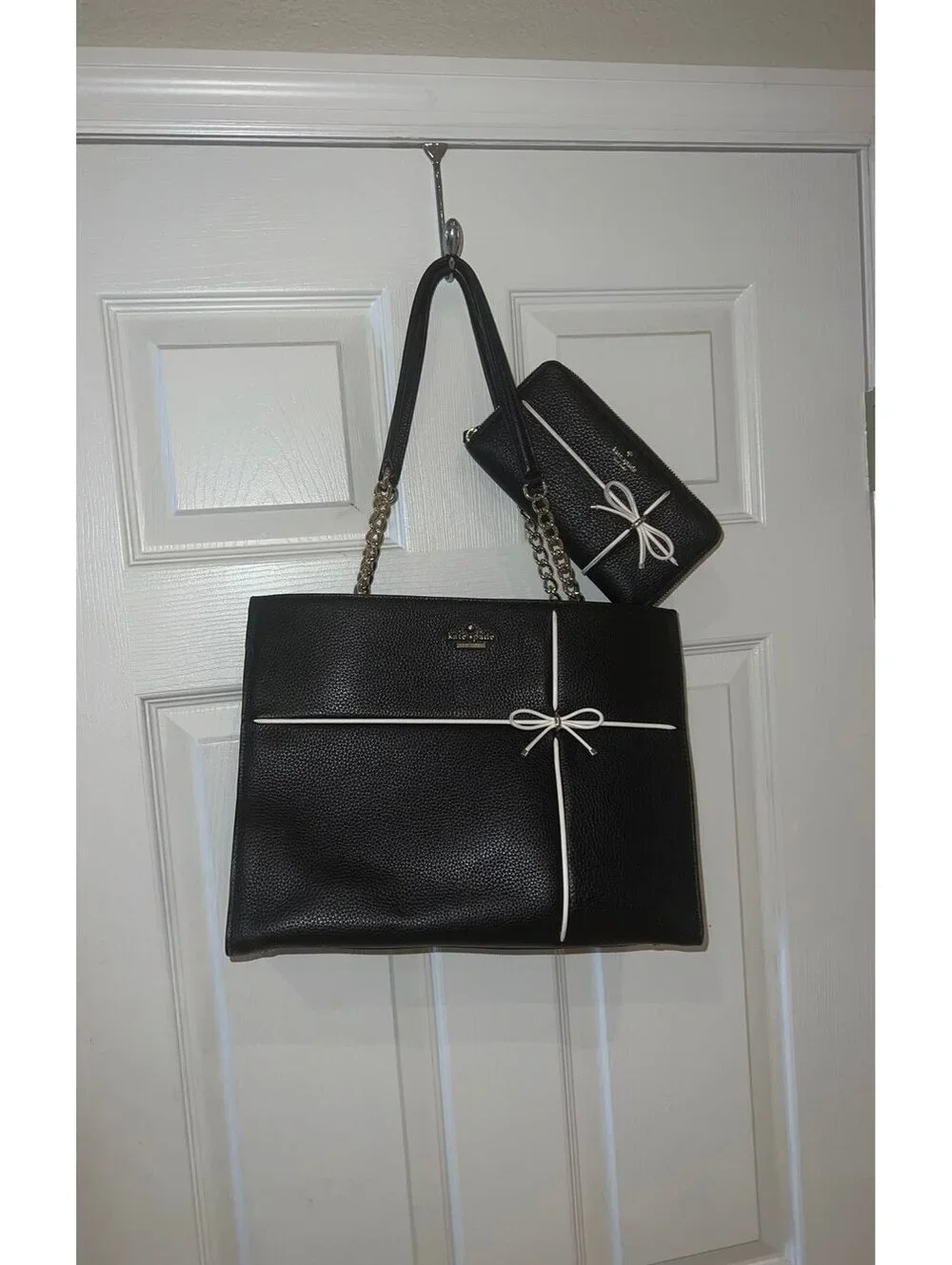 Kate spade black leather bag shaped like a present with matching wallet BUNDLE
